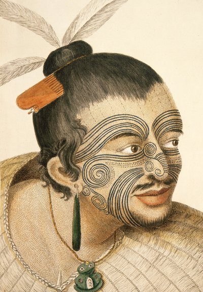 Portret van een Maori-hoofdman met volledige gezichts-Moko, 1769 door Sydney Parkinson